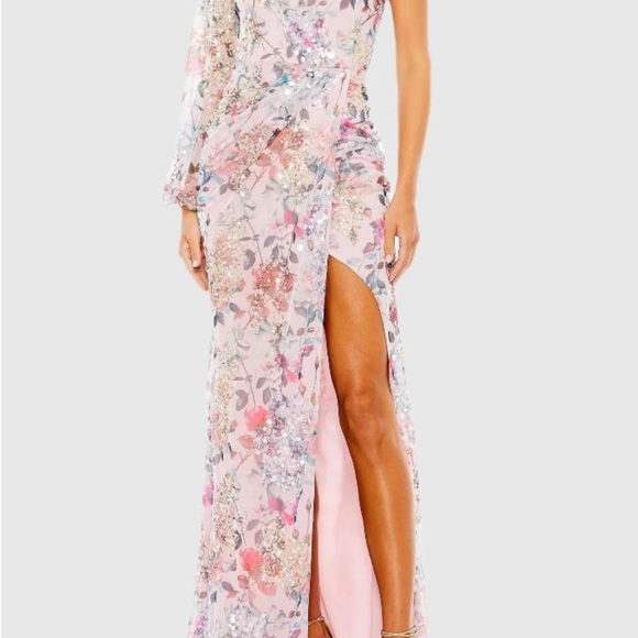Mac Duggal Sequined Floral Print One Sleeve Faux Wrap Gown in Lilac - Picture 1 of 6